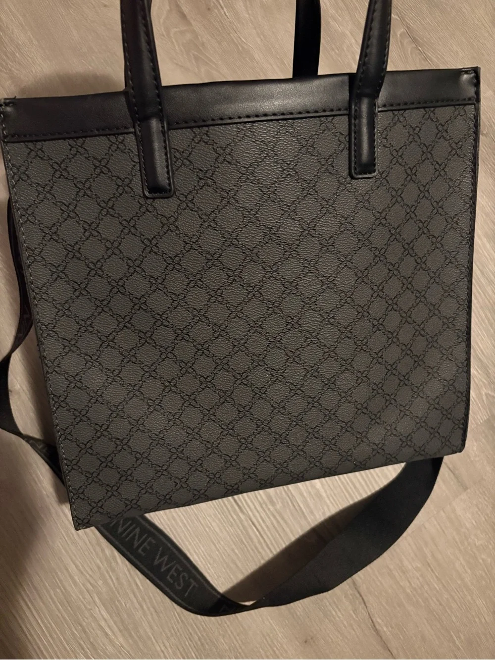 Nine West Black Monogrammed Leatherette Messenger Tote
